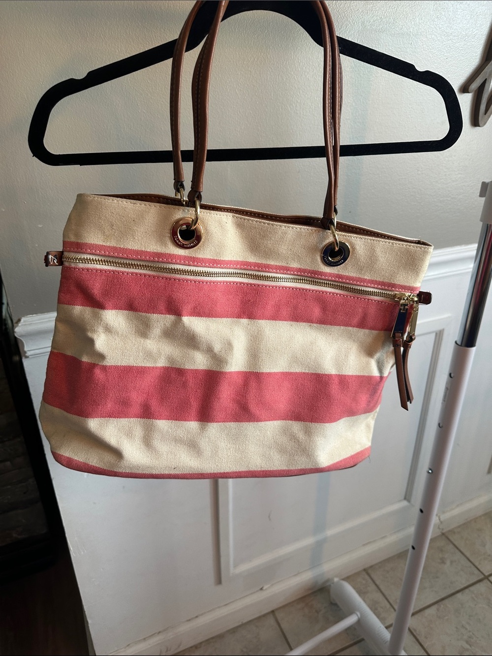 Tommy Hilfiger Pink and Cream Striped Canvas Tote